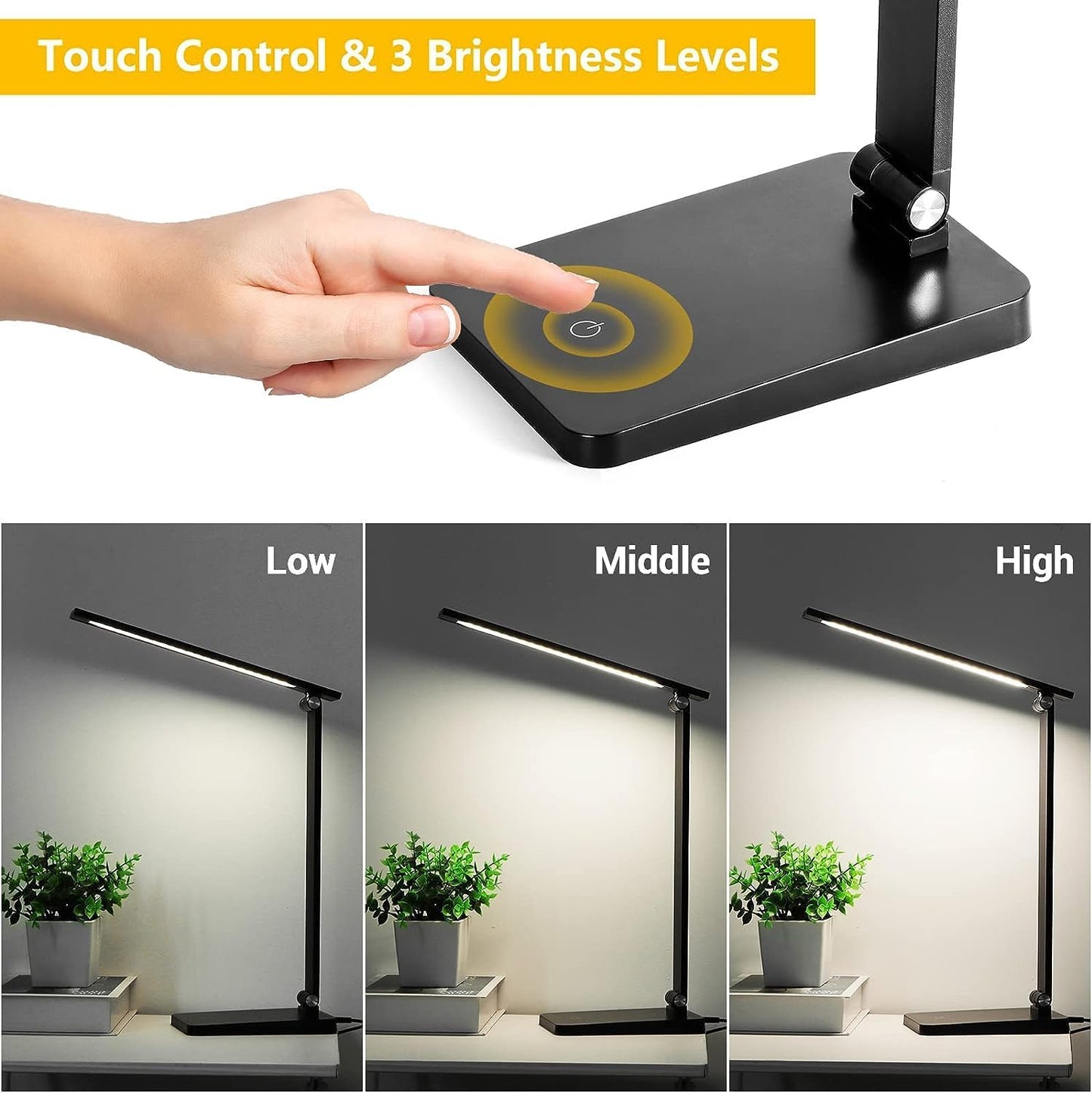 Skiennix LED Desk Lamp - Dimmable 3-Level Lighting with USB Charging Port | Compact Black Study Light