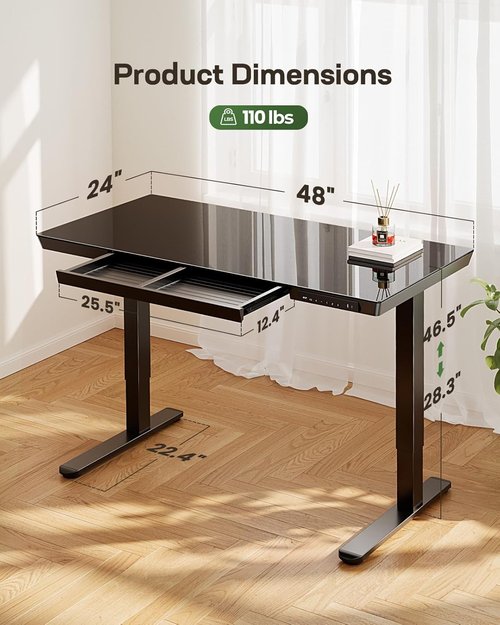 Marsail Electric Standing Desk - Height Adjustable with Drawer & USB Ports | 48 x 24 Inch Black
