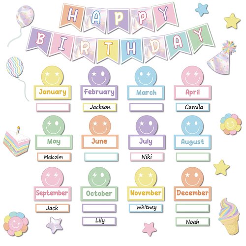 Pastel Smile Face Birthday Bulletin Board Set Happy Face Classroom Bulletin Board Decors Happy Birthday Nameplates Cake Paper Cutouts for Back to School Classroom Chalkboard Wall Door Teacher Supplies