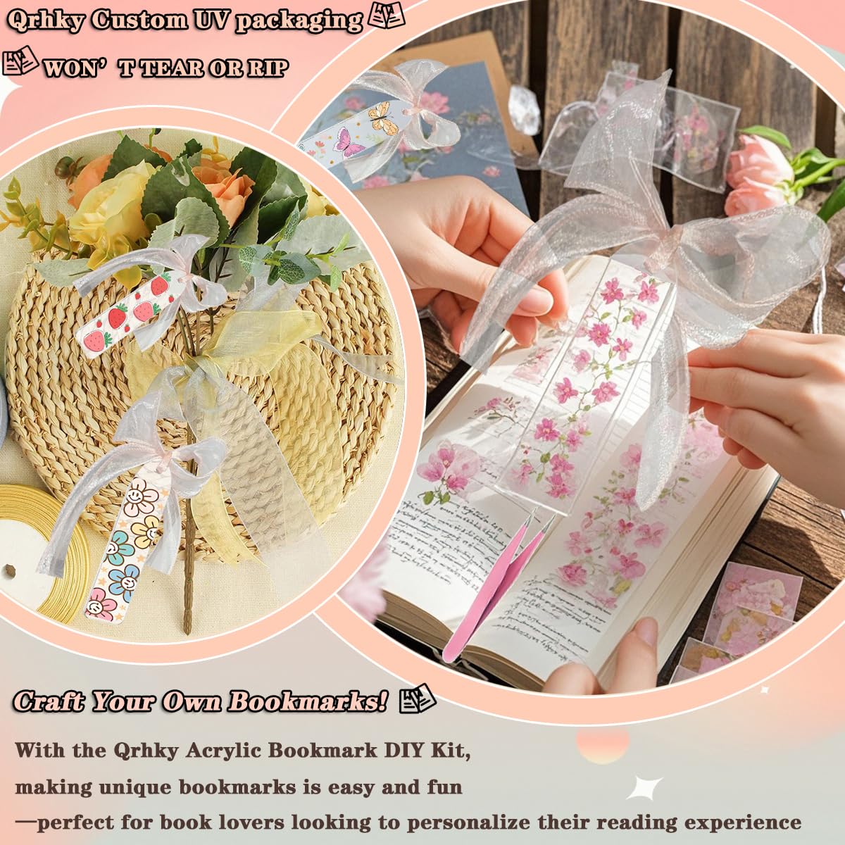 Qrhky 86PCS Acrylic Bookmark Blanks Kit, 20PCS Blank Bookmarks with 25PCS Mixed UV DTF Sticker, 20PCS Ribbon, 20 Holographic Bags, 1PCS Tweezers, Clear Bookmark Kit for DIY and Gifts