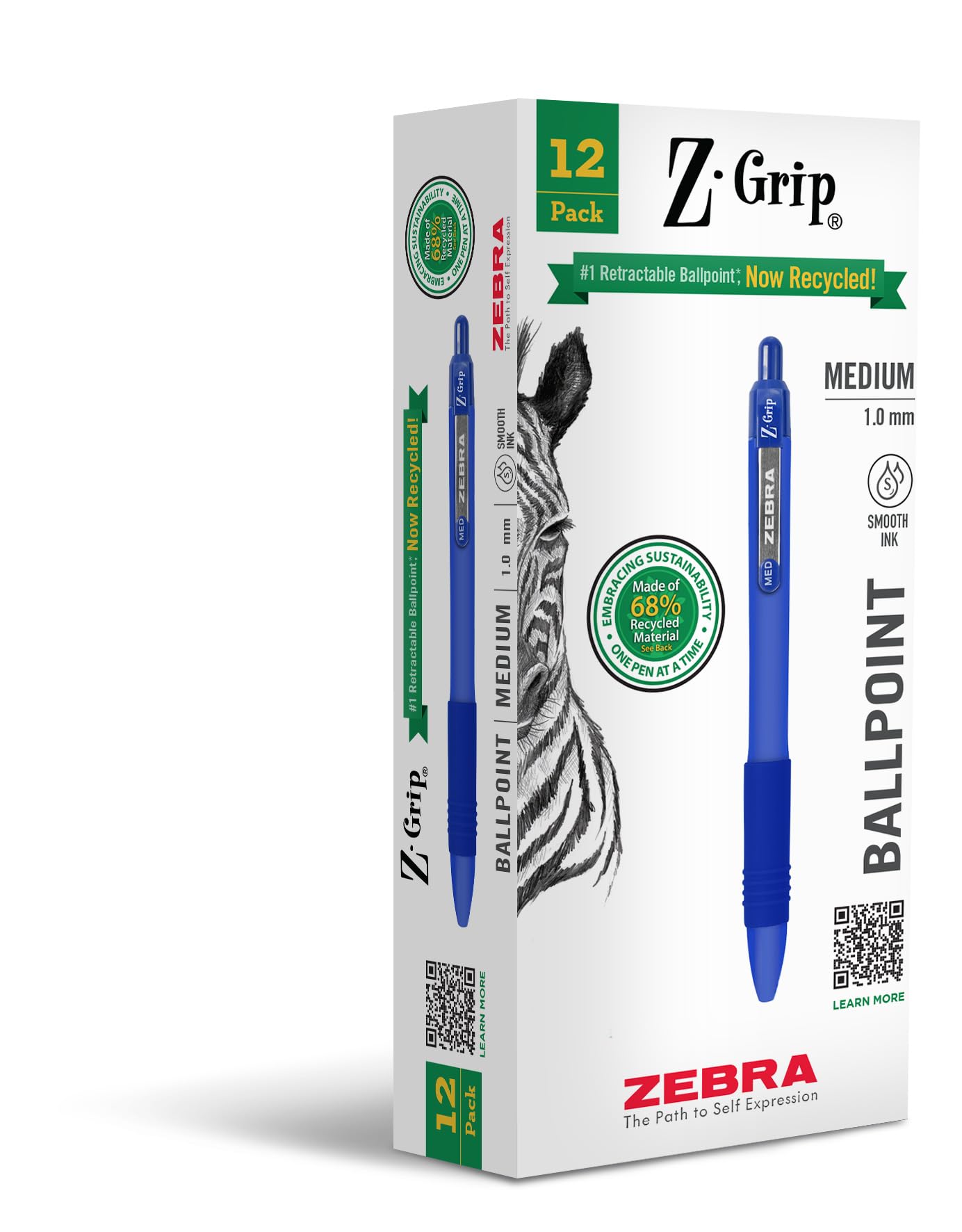 Zebra Pen Z-Grip Recycled Retractable Ballpoint Pens,1.0mm, Blue Ink, Durable Metal Clip, 68% Recycled (GRS Certified Global Recycled Standards), School & Office Supplies, 12-Pack (20620)