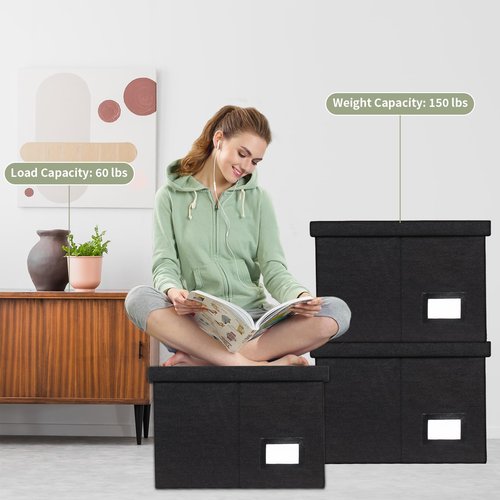 Tcbelosion Portable File Organizer Box with Lid, Office Document Storage with Multi-Label Slots, Fits Letter/Legal Size Files, Lightweight and Stackable (Black)
