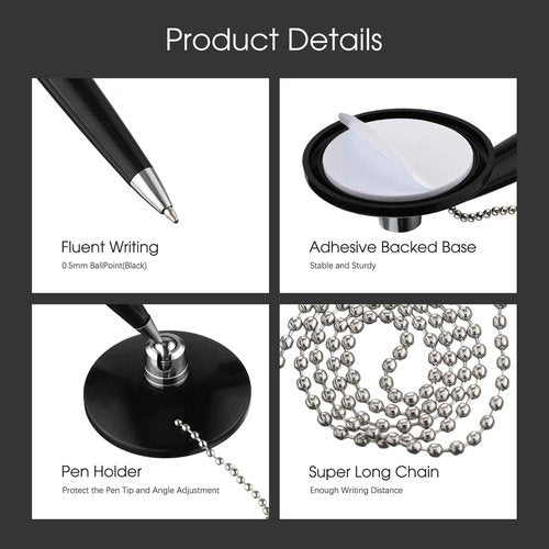 Zonon 24 Pieces Secure Pen with Chain Security Pen Holder Counter with Adhesive Chain and Base Black Ink for Reception Office Bank Work Hotel Lobbies Retail Stores Home Back to School Supplies