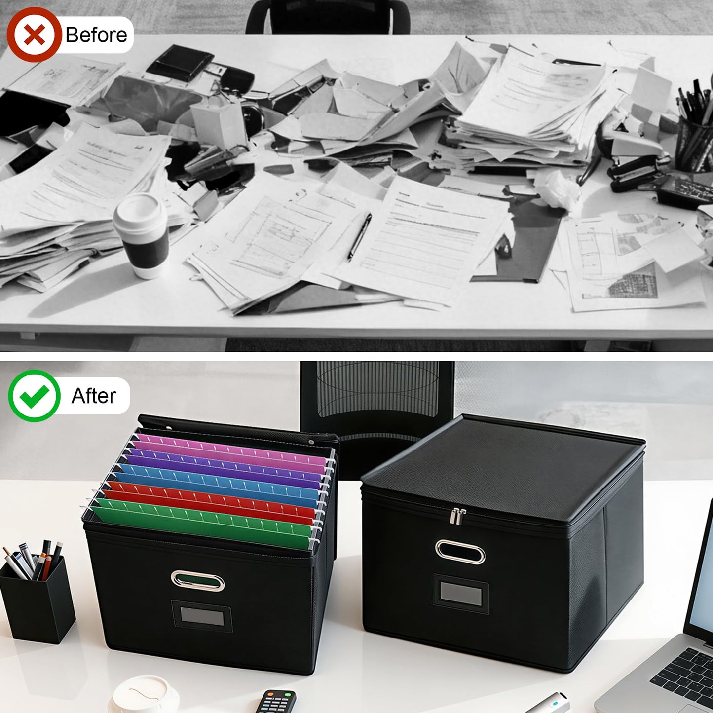 Succwoah 8 Pack File Organizer Boxes with Lids, Collapsible Document Storage Bin with Mesh Pockets & Zipper, Fits Letter/Legal Size Folders for Home Office Classroom Organization (Black, No Folders)