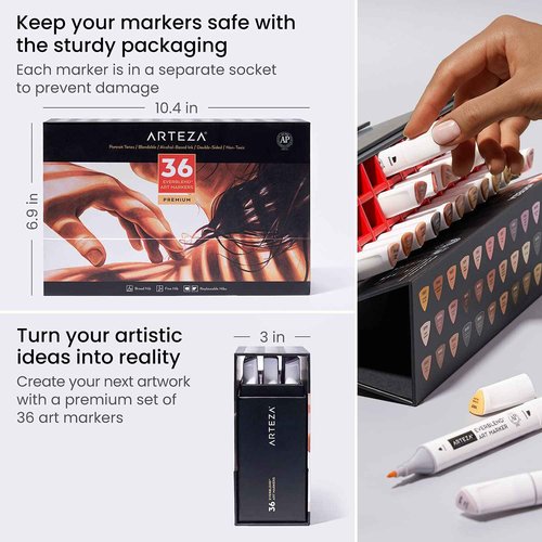 ARTEZA Alcohol Markers – Set of 36 Portrait & Skin Tone EverBlend Dual Tip Markers with Fine and Chisel Nibs and Organizer Box for Drawing