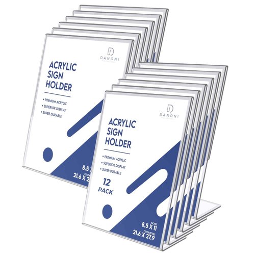 danoni Clear Acrylic Sign Holder - 12Pack 8.5x11'' Flyer Document Brochure Display Holder with Vertical Slant Back for Office Desktop - Plastic Paper Holders for Restaurant Tabletop