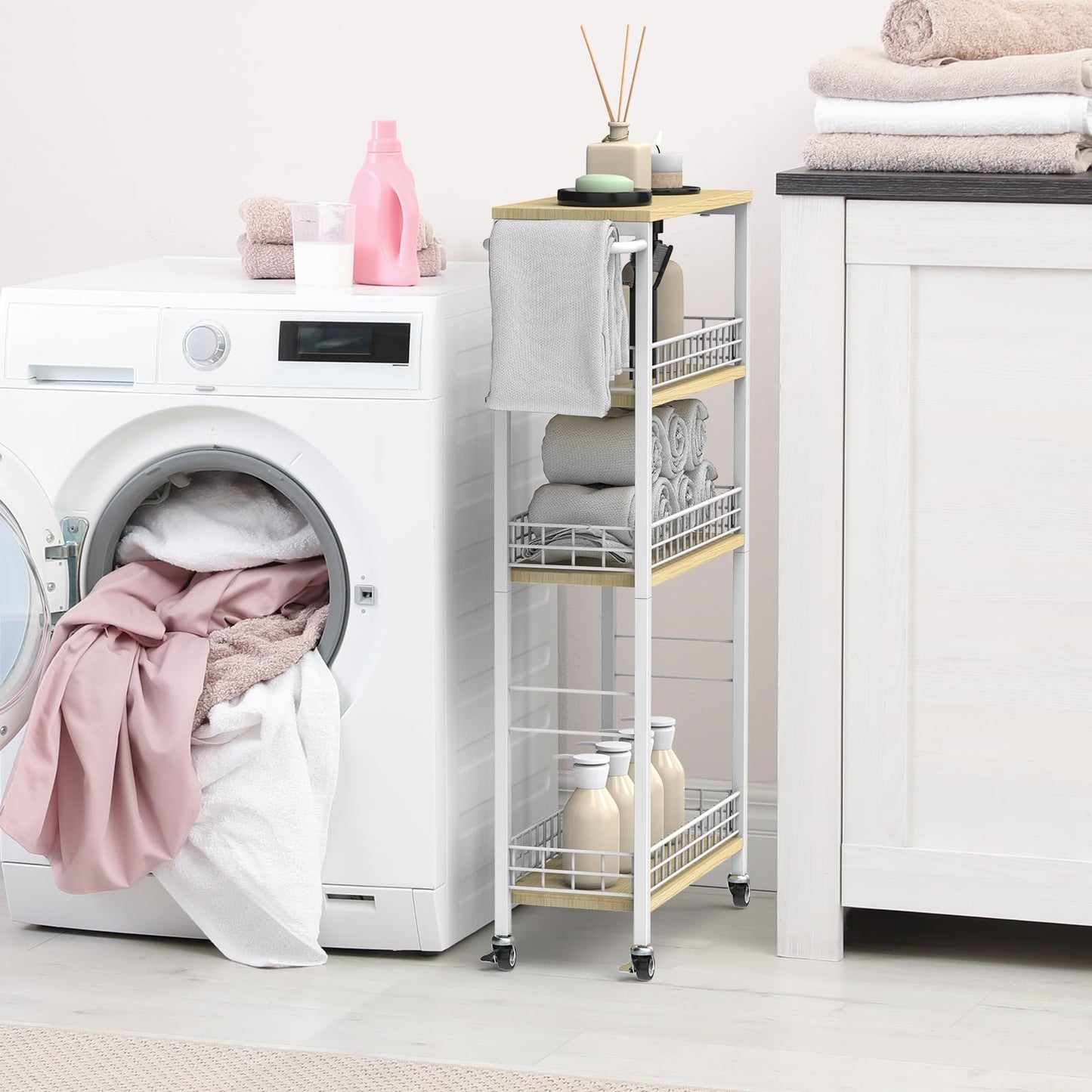 Slim Storage Cart White Narrow Storage Cabinet 4 Tier Laundry Room Organization Mobile Bathroom Shelving Unit Organizer Rolling Utility Cart Slide Out Kitchen Cart Tower Rack for Narrow Places 7.08’’W