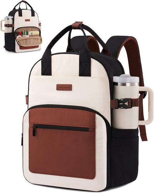 LOVEVOOK Laptop Backpack - Stylish Waterproof Work Bag with Large Cup Holder | Beige-Brown, 15.6 Inch