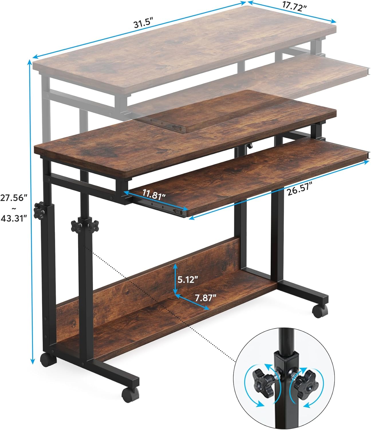 Tribesigns Portable Laptop Desk - Height Adjustable Rolling Computer Cart with Keyboard Tray | Small Size for Home Office