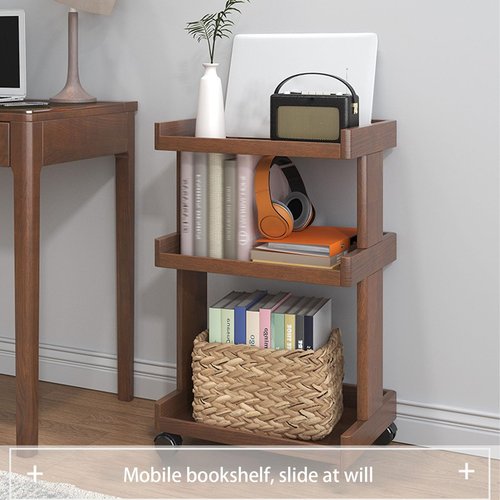 Solid Wood Rolling Library Book Cart,Mobile Bookshelf on Wheels Bookcase Under Desk Office Cart for Home Office Wooden Bookshelf Sideboard Storage Rack Side Cabinet(Walnut-B,2Tier)