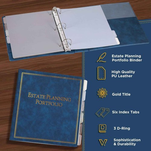 chiazllta 4 Pcs Estate Planning Portfolio Binder with Index Tab Divider When I Die Organizer Binder End of Life Planner Organizing Wills Trusts Powers of Attorney Final Wishes PU Leather 3 Ring (Blue)