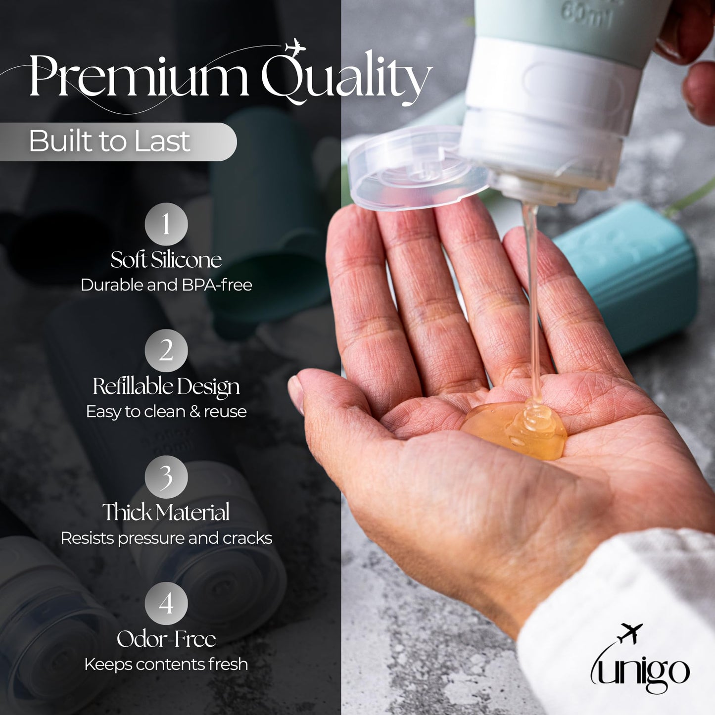 unigo 30 PACK Travel Bottles Set for Toiletries - Leakproof Refillable Travel Size Containers, TSA Approved Bottles with Labels, Brush & Covers for Carry-On Travel