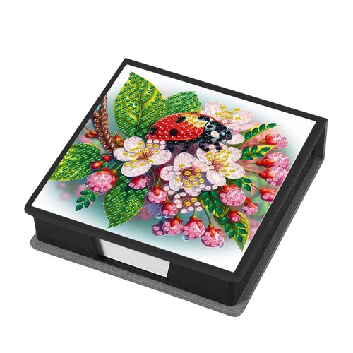 BAYUNOE Memo Paper Storage Box Diamond Art Painting Leather 4.2x4.2 in Sticky Note Holder for Organizer Notepad Holder with 160 Sticky Notes Office Supplies Desk Accessories-Ladybird