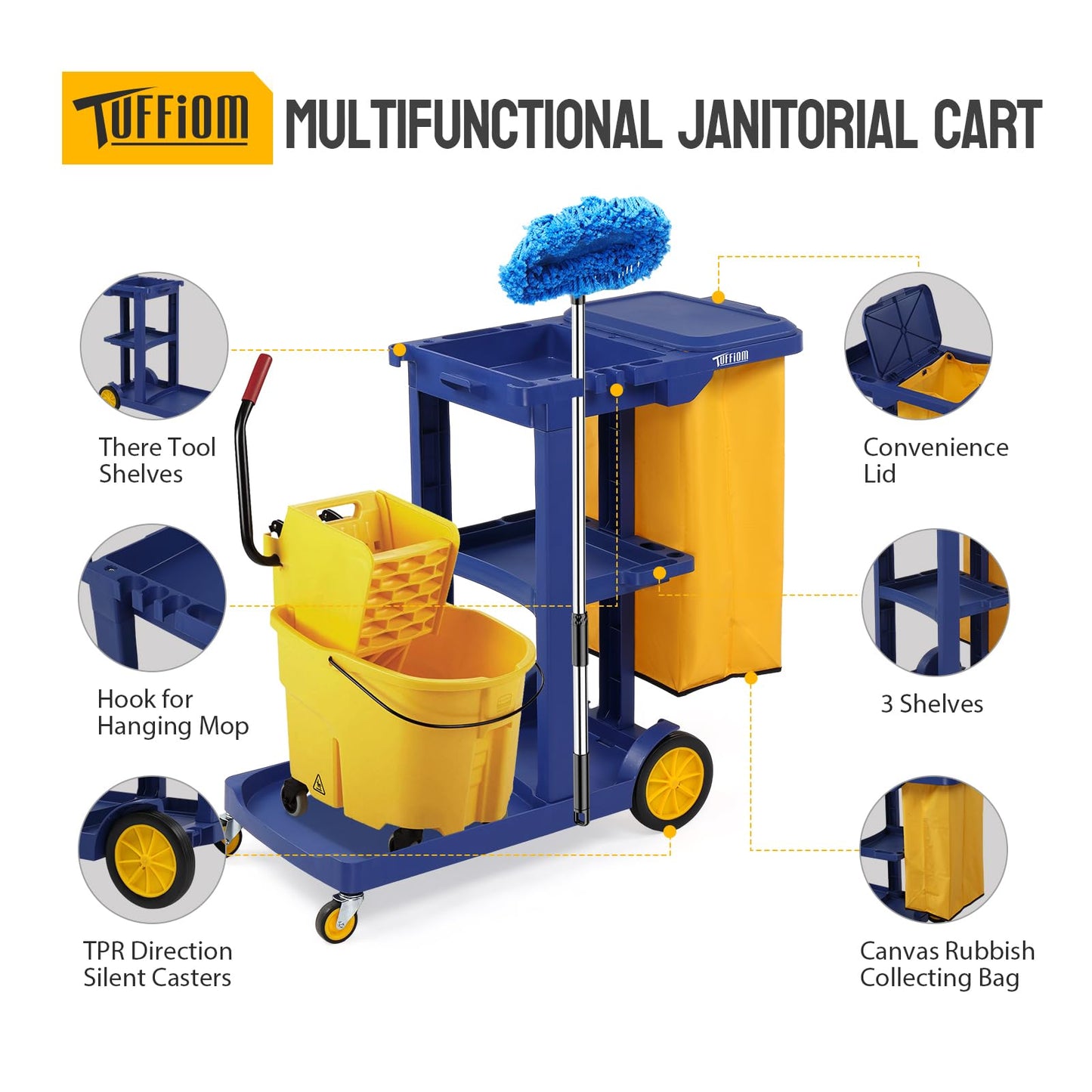 TUFFIOM Commercial Traditional Cleaning 3-Shelf Janitorial Cart, 500 Lbs Capacity Housekeeping Cart, Wheeled with Yellow VinylBag and Cover w Lid, Blue,
