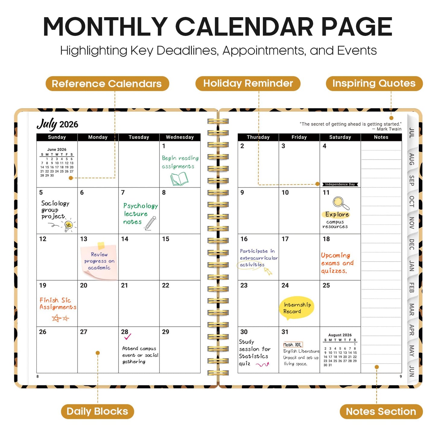 Planner 2026–2027, Weekly & Monthly Academic Organizer for School Year, Jul 2026–Jun 2027, Hardcover Planner with Tabs, Back to School Essential, 8.5" x 11", Leopard