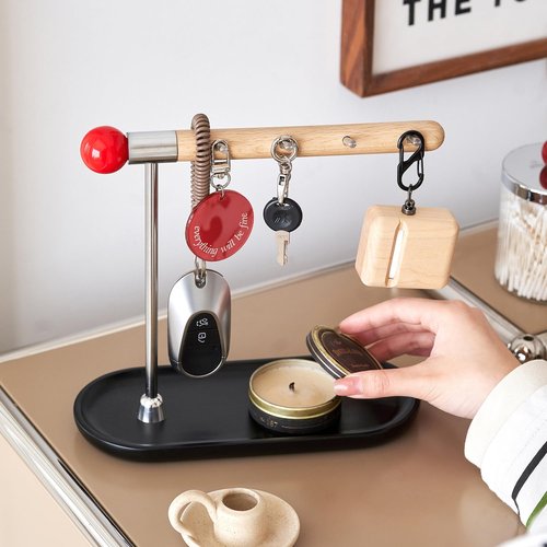 mollveesen Wood Entryway Key Holder for Standing, Storage Rack with 4 Hooks and Jewelry Tray,Multifunctional Desktop Supplies Holder，Bedroom Dresser Jewelry Organizer Rack for Necklace，Rings，Watches