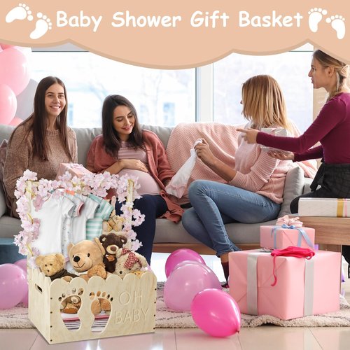 Wooden Baby Shower Crate Closet with Hangers & Handle, Large Wooden Crate for Baby Shower Gifts Display, Newborn Welcome Basket, Nursery Storage & Decor Organizer (Footprint)