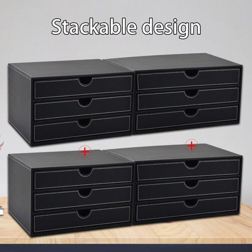 XNONE PU Leather Desk Organizer with 3 Drawers,Executive Office Supplies Desktop Filing A4 File Cabinet/Holder for Jewelry/Bill/Paper/Documents/Makeup Home Decor Stationery Storage Box,Black