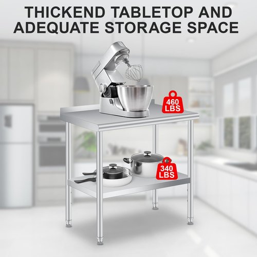 Stainless Steel Prep Table, 30 x 24 Inches, with Backsplash, Adjustable Undershelf and 4 Caster Wheels, Commercial Heavy Duty Table with Adjustable Under Shelf for Outdoor Use,Restaurants,Hotels,Works