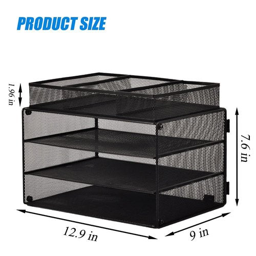 EASEPRES Paper Organizer Tray, 3 Tier Mesh Desk File Organizer Letter Sorter Holder with Drawer for Home Office, Black