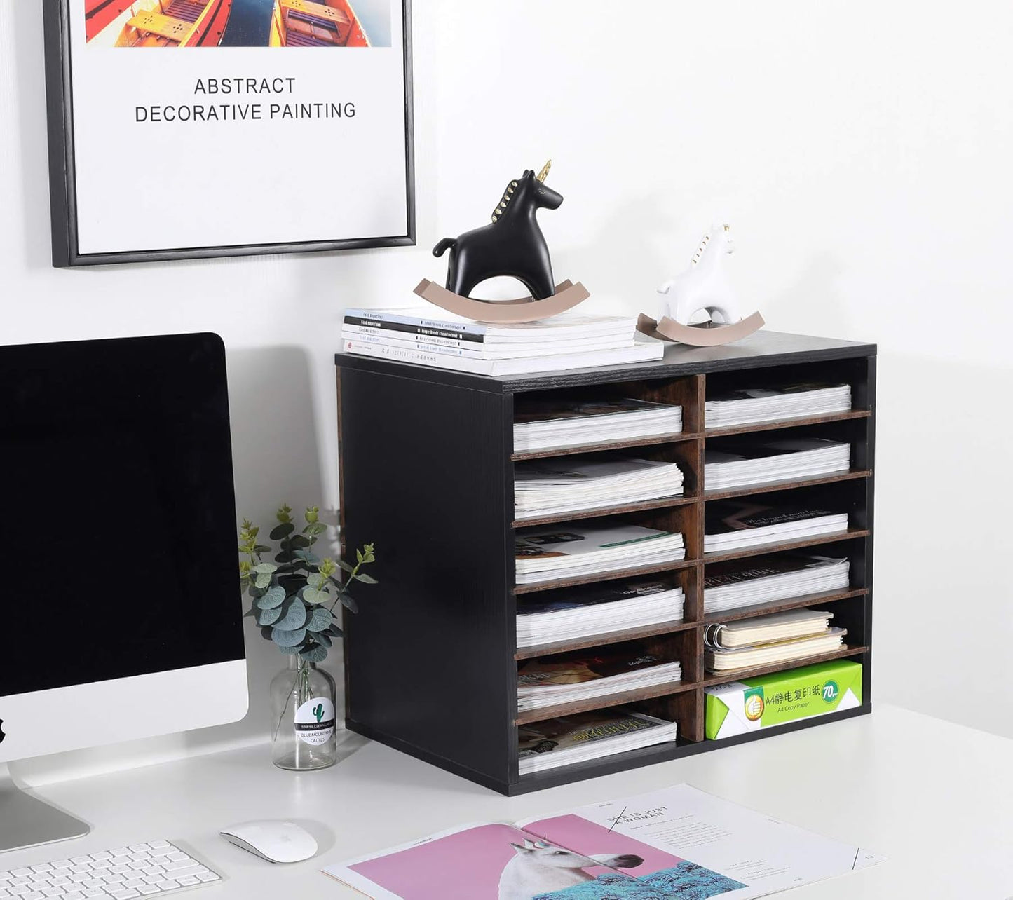 TQVAI Wood Literature Organizer - 12 Slot A4 Paper Storage with Adjustable Shelves | Black/Archaize Finish