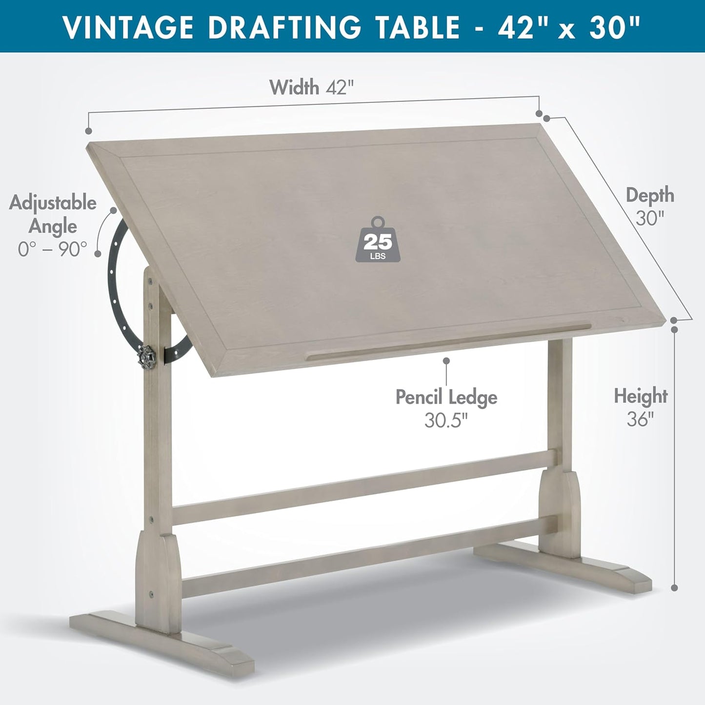 Studio Designs Wood Drafting Table - Adjustable Tilting Top with Pencil Ledge - 42" W x 30" D - Whitewash