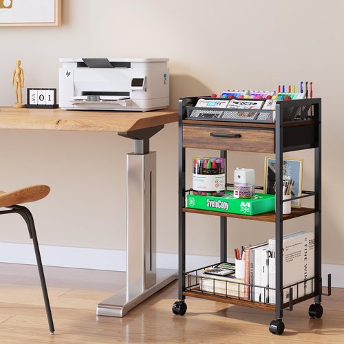 Homsorout 3 Tier Rolling Cart - Metal Utility Cart with Storage Drawer and Wheels, Versatile Art & Craft Organizer for Home, Office, or Studio Ideal for Storing Brushes, Paints, and Supplies Brown