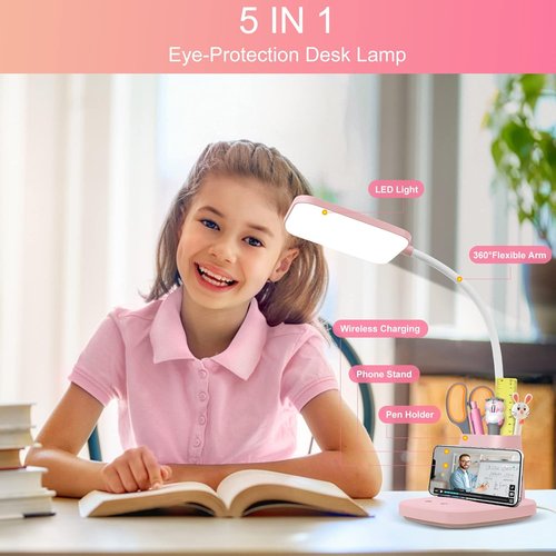 Sailstar Pink Desk Lamp - Wireless Charger & Pen Holder | Dimmable LED with Flexible Arm for Home Office & Kids