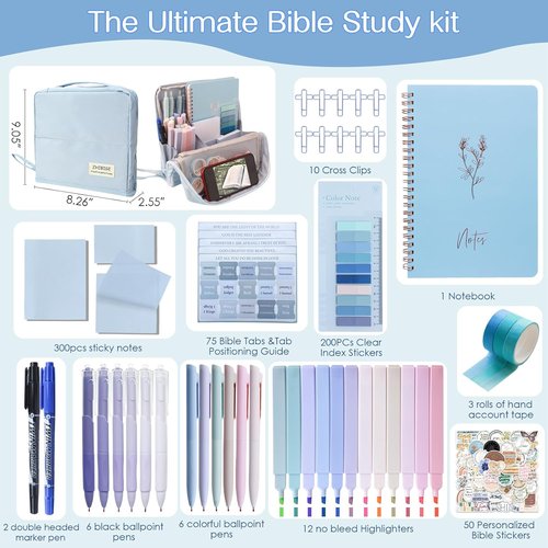 J6&H6 Bible Journaling Kit - 170Pcs Complete Study Supplies with Foldable Pencil Case & 12 Pastel Highlighters | Blue