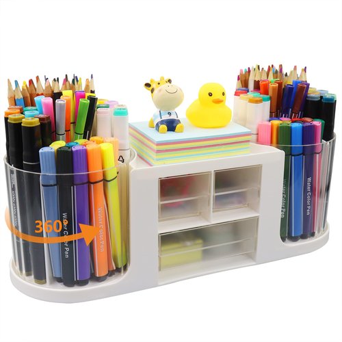 Flytreal Pencil Holder for Desk, Rotating Pen Desk Organizers and Accessories with 3 Small Drawers, Spinning Art Supplies Stationary Storage Caddy for Home Office Teacher School Kids(White)