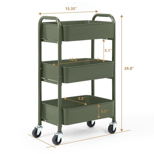 SunnyPoint 3-Tier Delicate Compact Rolling Metal Storage Organizer - Mobile Utility Cart Kitchen/Under Desk Cart with Caster Wheels - Army (15.35" X 10.24" X 26.8"H)
