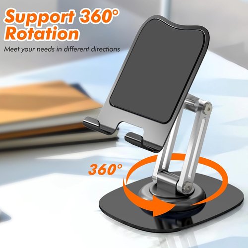 Cell Phone Stand - Adjustable 360° Rotating Desktop Holder for iPhone 17/16/15/14/13/12/11 Pro - Black