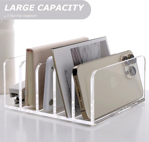 SANRUI Clear Acrylic Desktop File Organizer - 5 Compartment Document Sorter for Office & Home