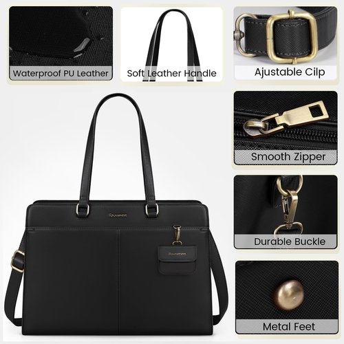 RAINSMORE Laptop Bag for Women 15.6 Inch Work Tote Bags Waterproof Leather Laptop Tote Professional Business Office Briefcase Large Computer Laptop Bag Handbag Shoulder Work Bags