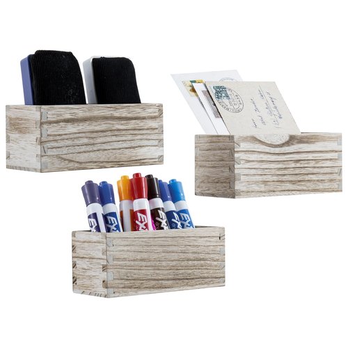 MyGift Rustic Torched Wood Magnetic Dry Erase Marker Holder for Whiteboard Accessories Organizer Bins, Set of 3