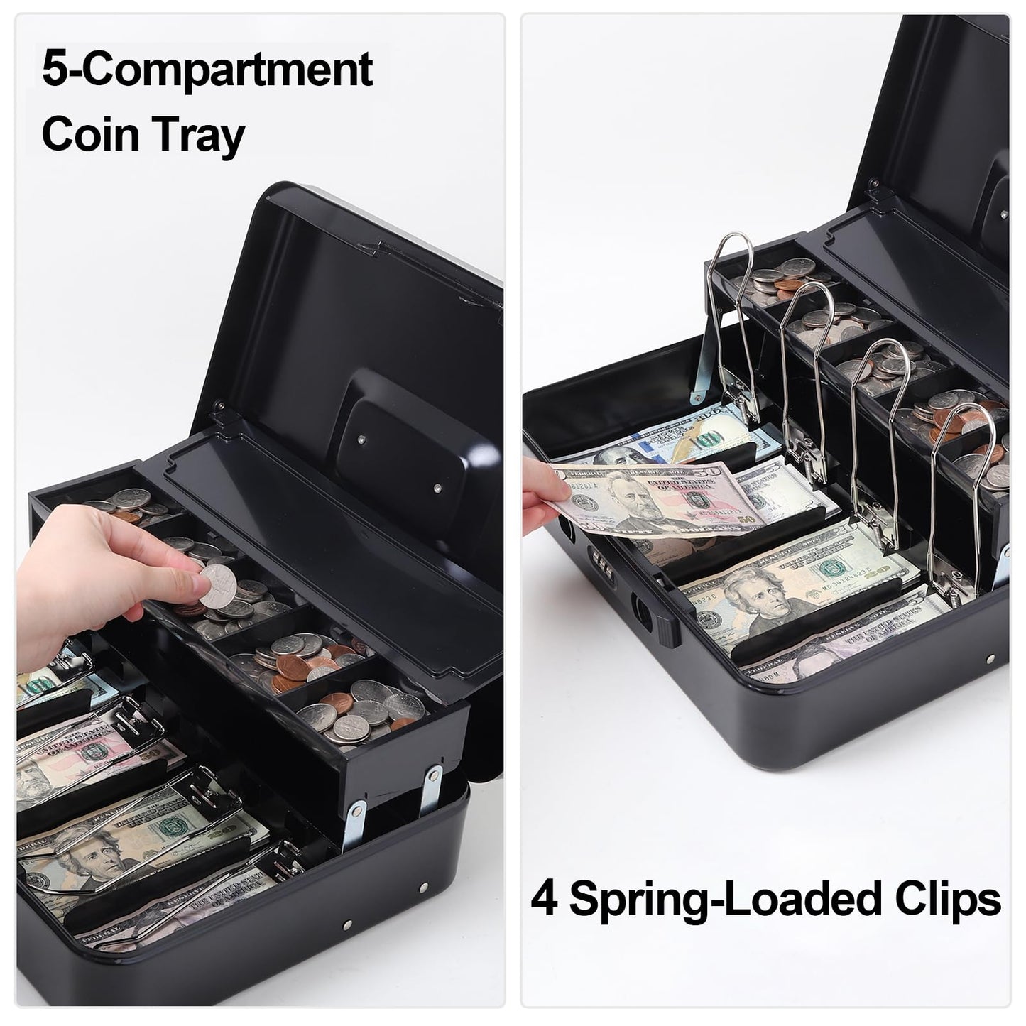 Jssmst Cash Box with Sliding Coin Lid and Snap Latch Combination Lock - Portable Cash Box with Money Tray and Lock, Secure Locking Money Box for Cash Organizer, 11.8L x 9.5W x 3.5H Inches, Black