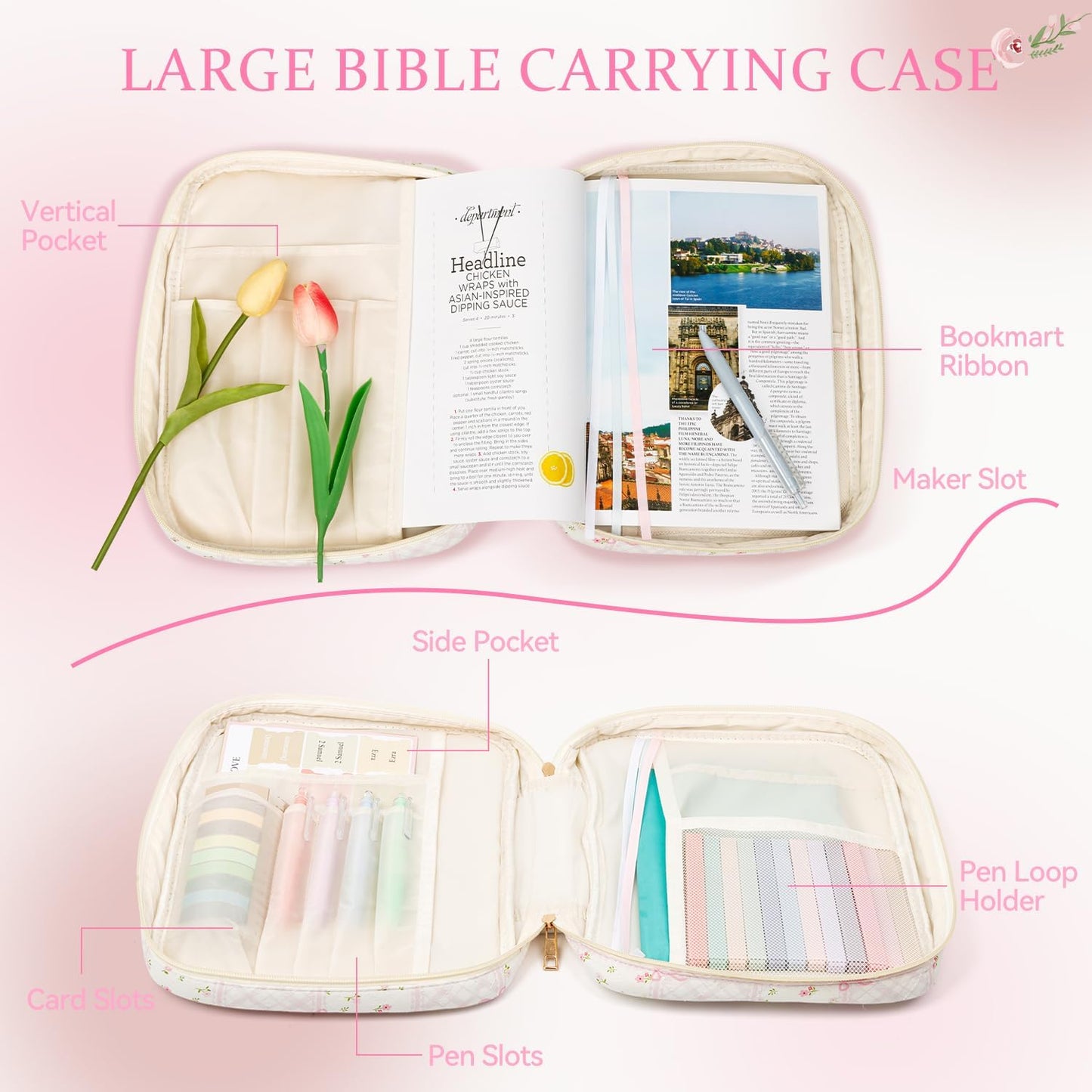 Skiennix Bible Cover Case - Large Quilted Carrying Bag with Handles | Pink Patchwork for Women