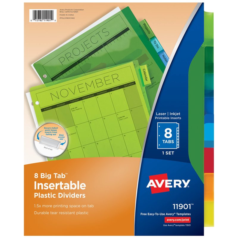 Avery Dividers for 3 Ring Binders, 8-Tab Plastic Binder Dividers Insertable Big Tabs, Multicolor, 1 Set (11901)