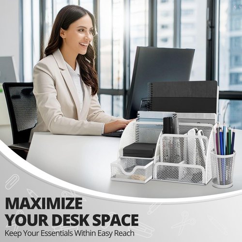 Flexzion Desk Caddy Organizer Set (White) - Metal Mesh Desktop Caddy with Drawers, 6 Compartments, and Pencil Holder for Women & Men - Desktop Organizer and Storage for Work or Office Supplies