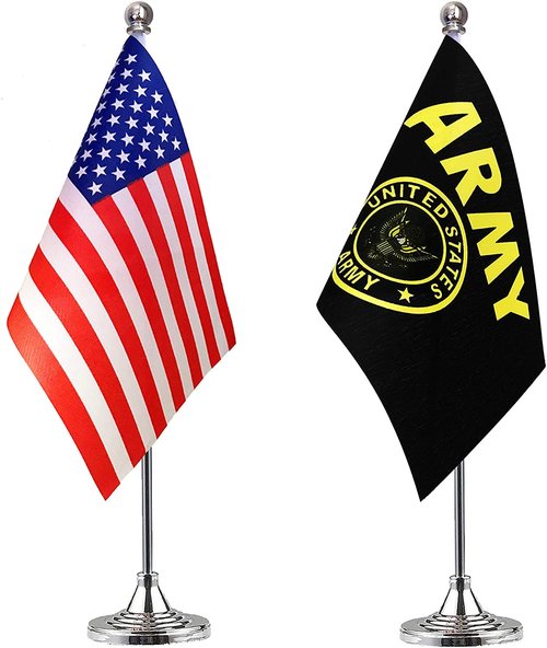 WXTWK 2 Pack American USA Gold Crest Desk Flag Small Mini US Military Table Flags With Stand Base,United States Army Festival Events Celebration Decorations
