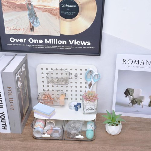 ONEFOLL Desktop Storage Organizer, Cave Board Stand Organizer With 2 drawers, Pen Holder, Work Position Shelf Acrylic Desk Organizer, Stationery Organizing Box