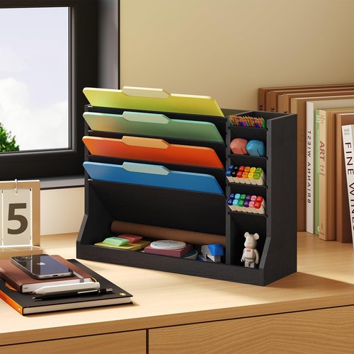 Dmticoasis 4-Tier Wall File Organizer with Pencil Holder & Bottom Tray – Hanging Mail Holder for Office, Countertop/Desk Storage for Home Office Supplies, Black