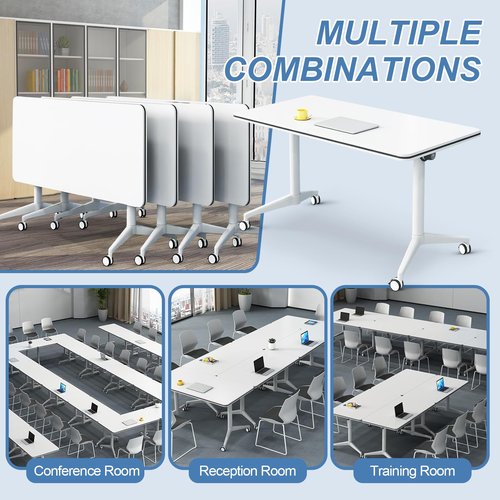 Conference Room Tables, Folding Conference Table, White Flip Top Mobile Training Tables with Wheels, Large Conference Seminar Table for Office Meeting Room (6Pcs 47.2”)