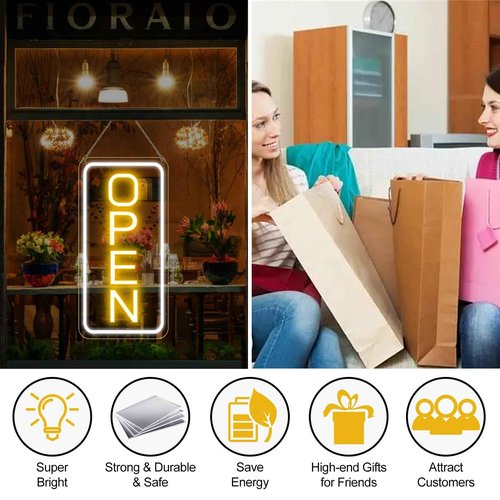 22.8"x 11.8" Ultra Bright 12V Neon Open Sign for Business, LED Open Neon Sign, Electric Light up Signs for Stores, Restaurants Offices Retail Shops Window (Yellow-White-Vertical)