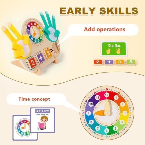 Skiennix 2-in-1 Math Manipulatives - Number Counting Blocks & Teaching Clock for Preschool Kids | Montessori Learning Toys for Ages 3-5