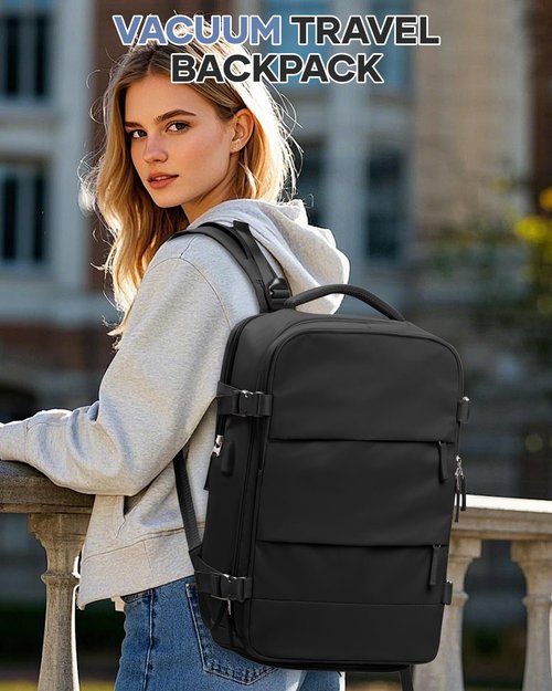 Vacuum Travel Backpack with Pump Women,Personal Item Carry on Backpacks Flight Approved 18x14x8 inches Men,Laptop Waterproof Work Compression bags Casual Daypack Mochila de Viaje Compresion al Black