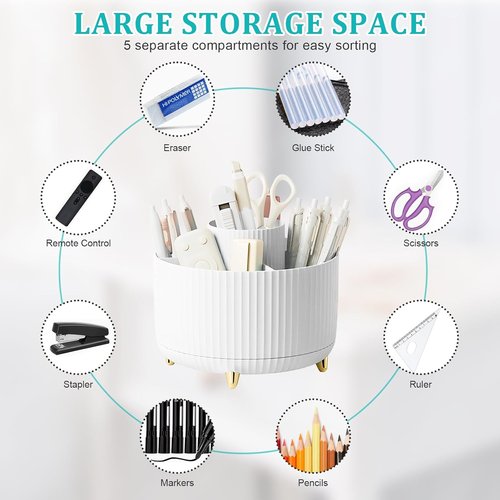 SAYEEC Rotating Pen Holder - 5 Slot Desk Organizer with Adjustable Phone Stand | White Makeup Brush Storage