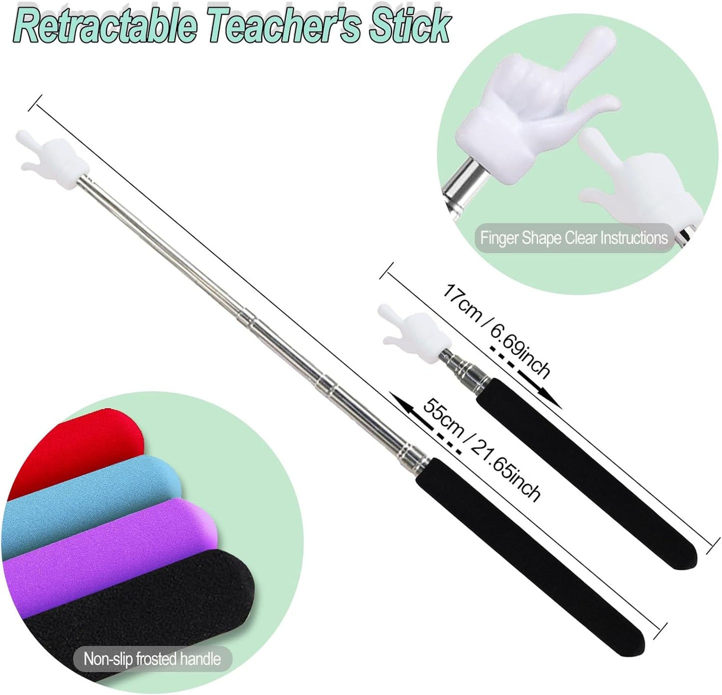 Skiennix Telescopic Teacher Pointer Stick - Retractable Finger Pointer for Classroom Use | 2 Pcs Set (Black)
