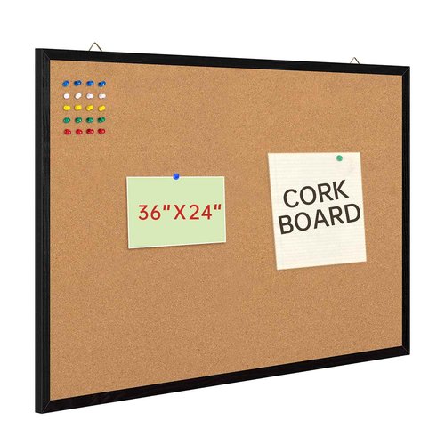 Cork Board Bulletin Board, 36" X 24“ Decorative Hanging Pin Board for Wall with Natural Wood Frame, 50 Push Pins Included