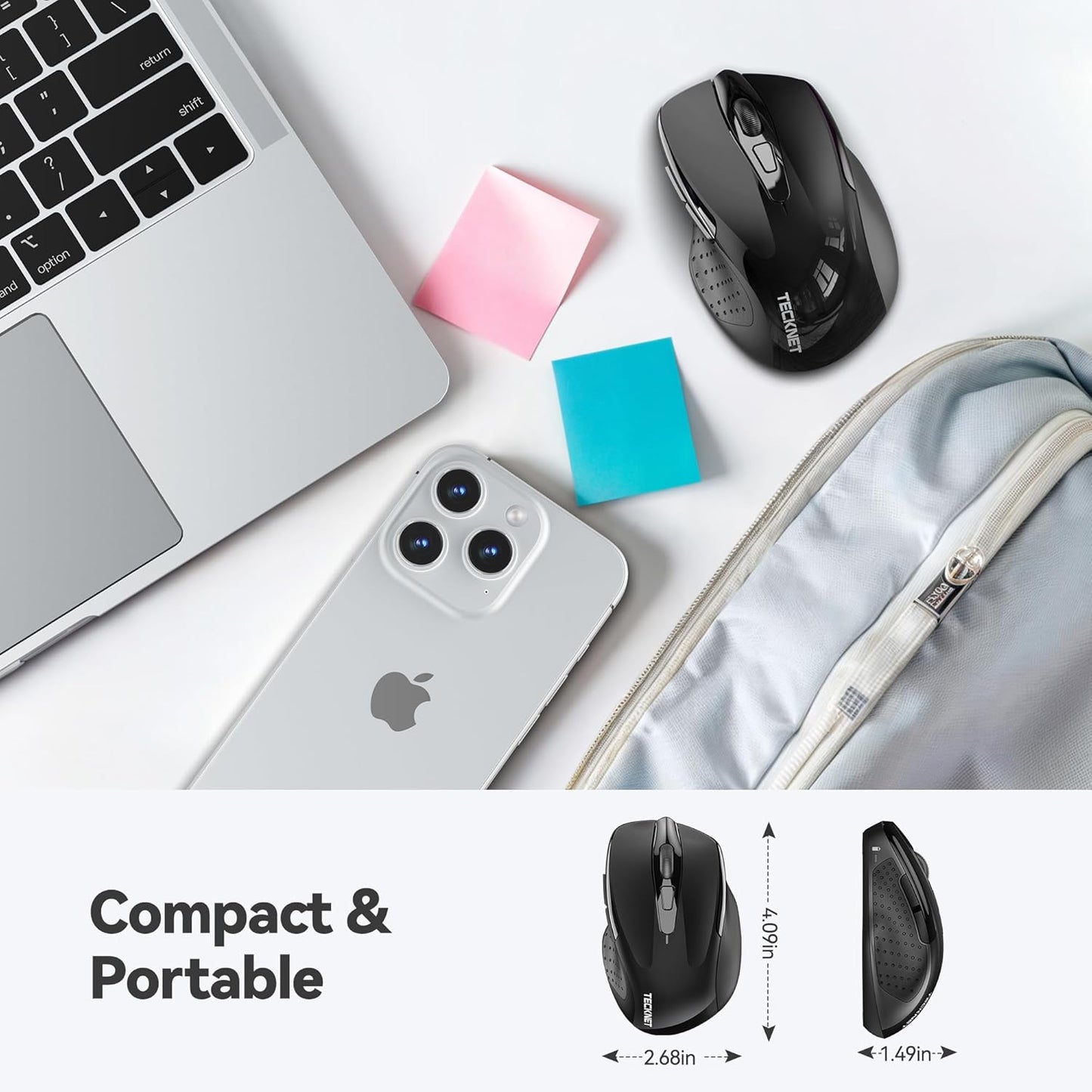 TECKNET Wireless Mouse - Ergonomic 2.4G Optical Design with 6 Buttons & 24 Months Battery Life - Black